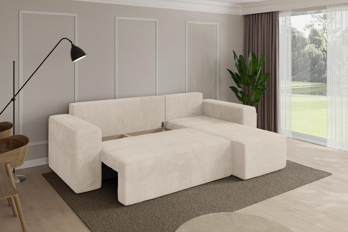 ROHOVÁ SEDAČKA s funkcí spaní, otoman vpravo SENO-L 249x139x85 béžová manšestr - černá/béžová, kompozitní dřevo/textil (249/139cm) - ALTDECOR