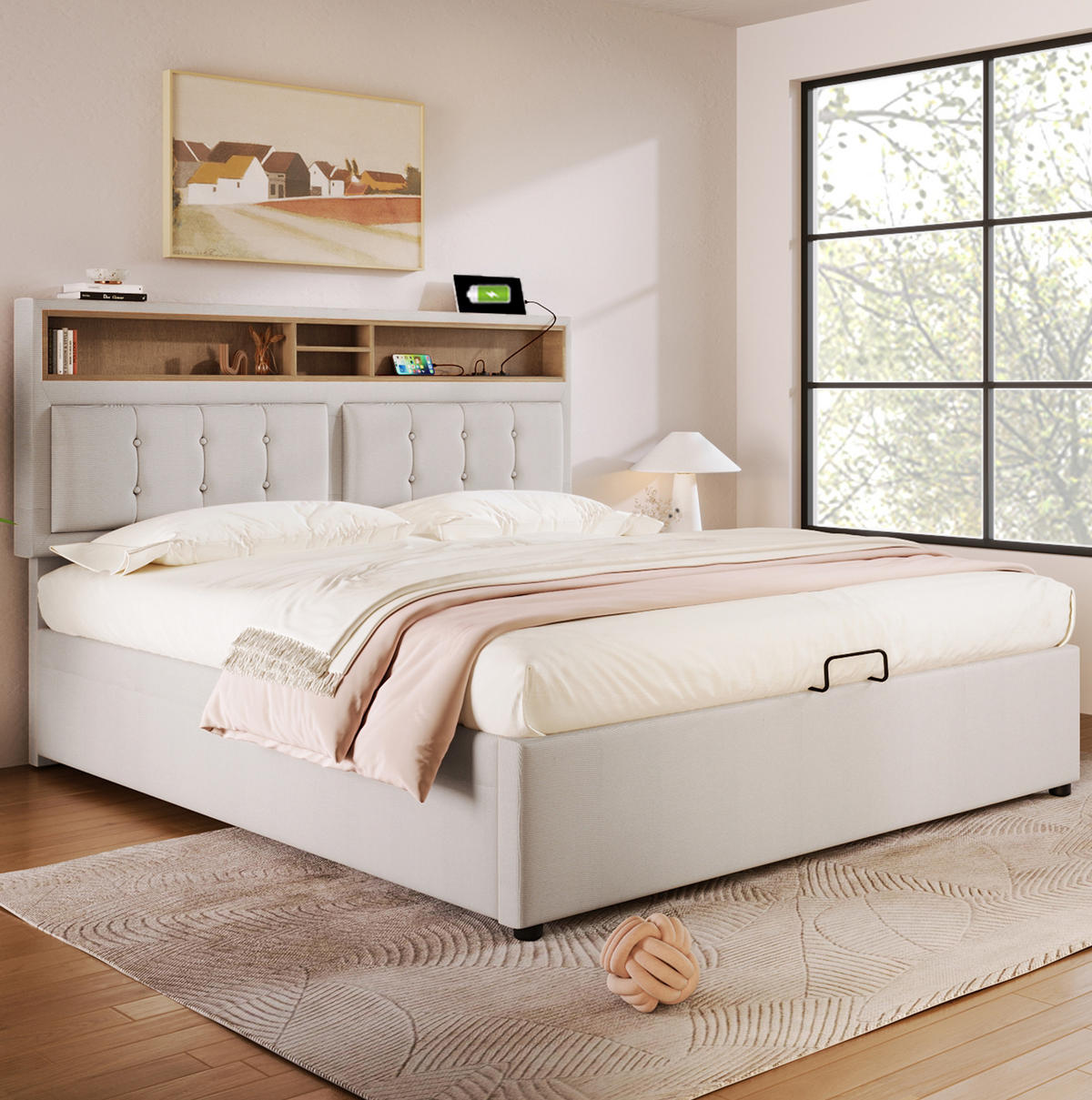 POLSTERBETT 160/200 cm mit Bettkasten, Lattenrost und verstellbarem Kopfteil - Beige, Textil (160/200cm) - BEAOK