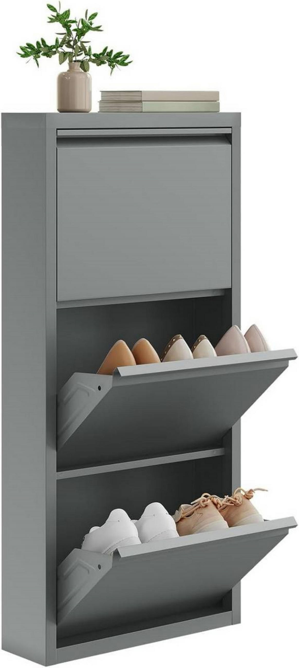 SCHUHSCHRANK mit 3 Klappen, 50x106x15cm, Hellgrau - Hellgrau, Metall (50/106/15cm) - Woltu