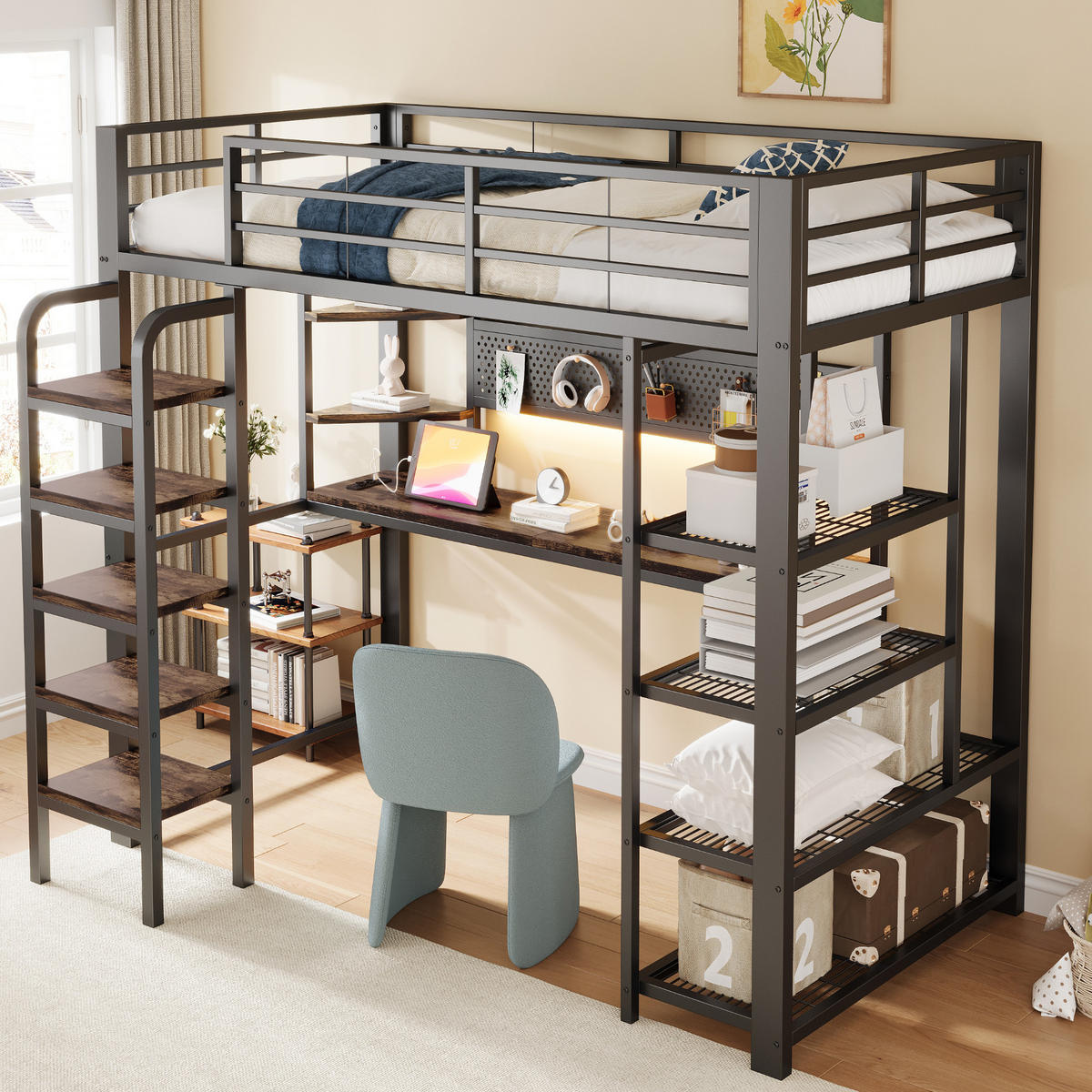 HOCHBETT 90/200 cm in Schwarz mit LED, Steckdosen und Ablage aus Metall & Holz - Schwarz, Holzwerkstoff/Metall (90/200cm) - CHICFURN