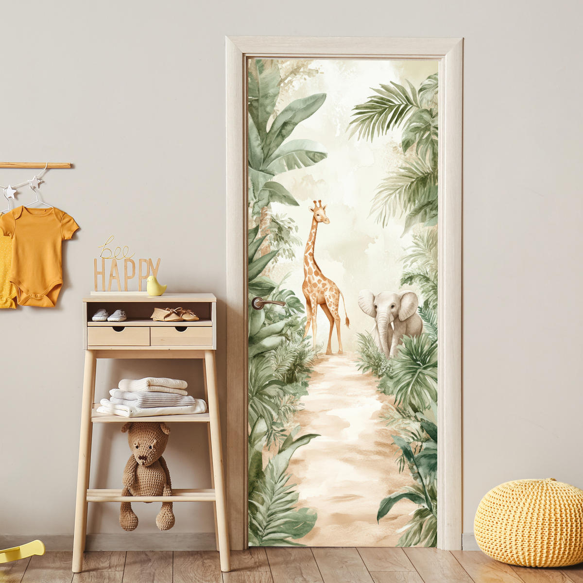 NÁLEPKA NA DVERE Džungľa - Žirafa - Slon - Zelená - Príroda 80x215 cm - farba eukalyptového dreva, plast (80/0.1cm) - MuchoWow