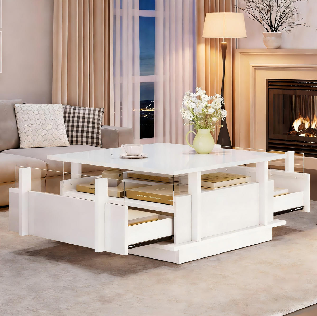COUCHTISCH 70/70/35 cm Weiß aus Spanplatte mit 2 Schubladen und LED-Beleuchtung - Weiß, Holzwerkstoff (70/70/35cm) - OKMYHOME
