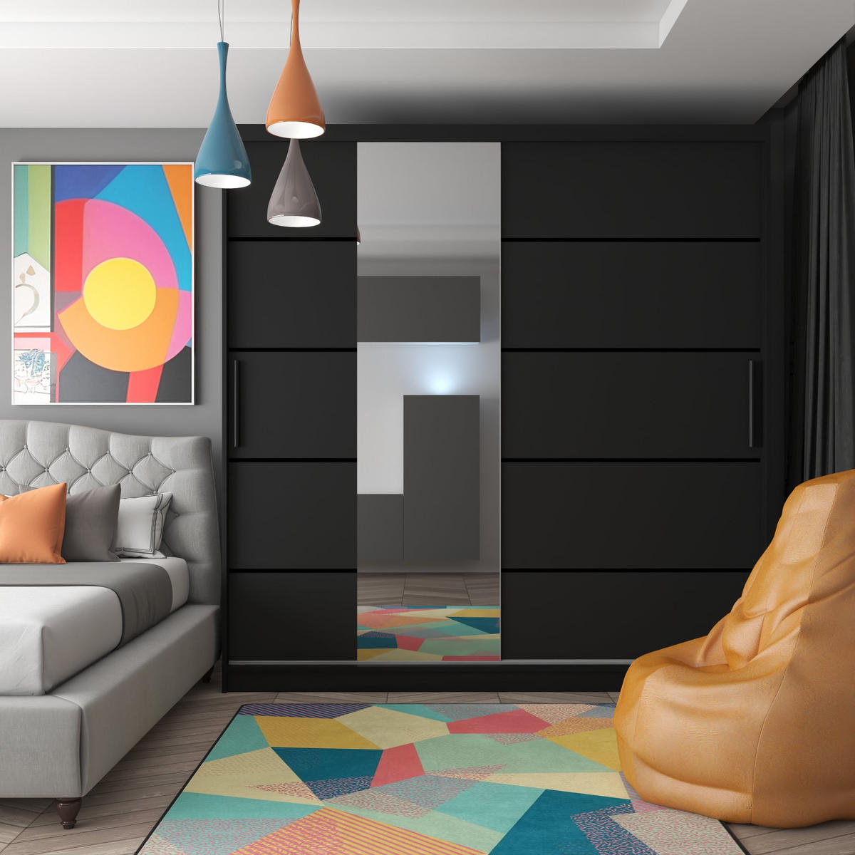 SCHWEBETÜRENSCHRANK Verona MBP, Schwarz Matt, 200 cm, mit Spiegel - Schwarz, Holz (200/216/60cm) - B BELINI GROUP