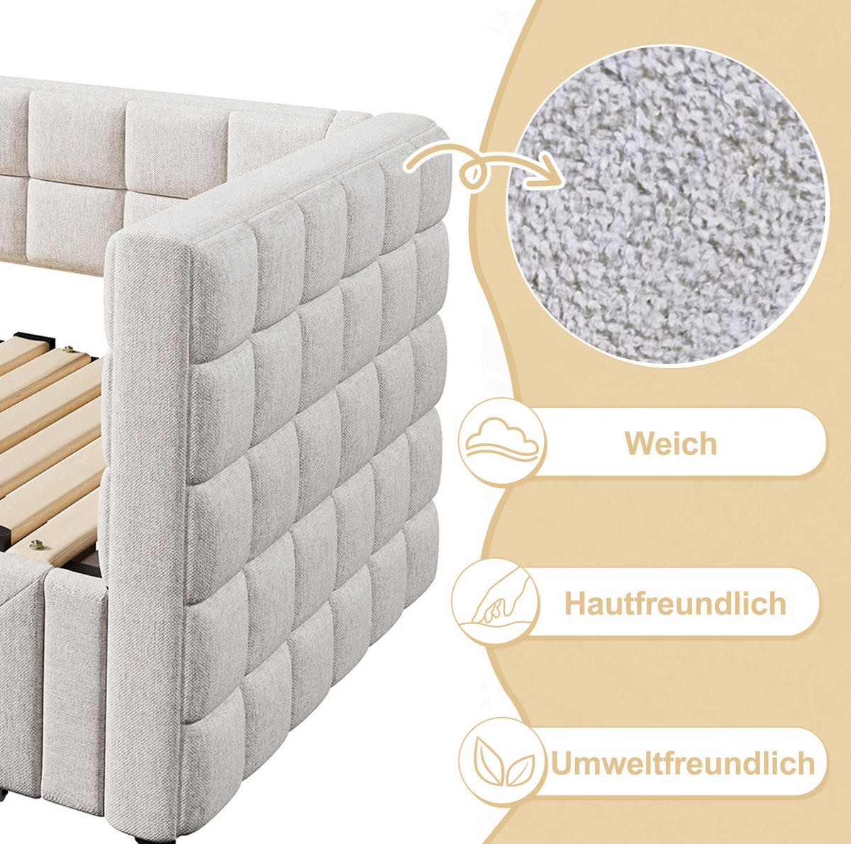 DENNÁ posteľ 90/200 cm béžová zo zamatu s výsuvným lôžkom a 2 zásuvkami - béžová, textil (90/200cm) - OKWISH