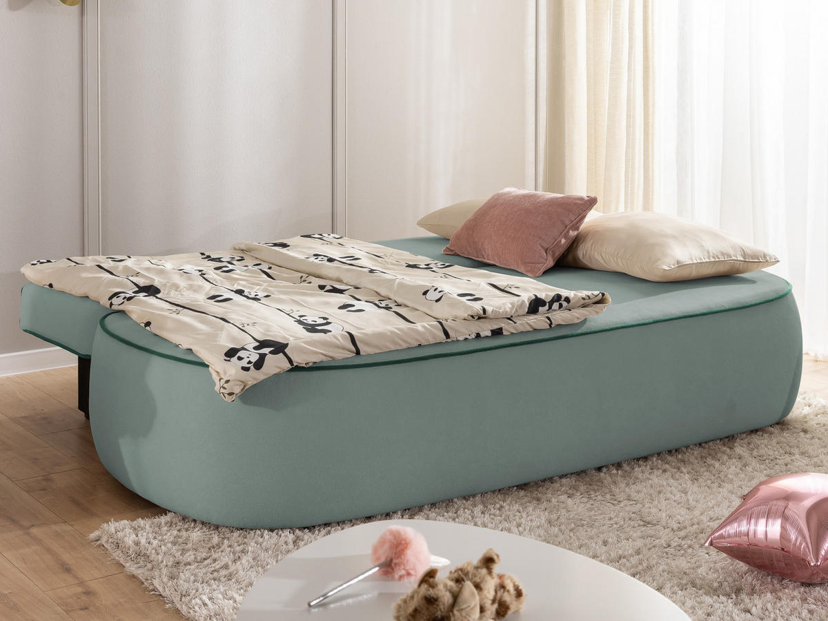 KINDERSOFA Vero im modernen und abgerundeten Design mit Schlaffunktion und Bettkasten aus Blaugrau Plüschstoff mit petrolfarbener Paspel - Blaugrau/Schwarz, Holz/Kunststoff (210/90/98cm) - S-Style Möbel