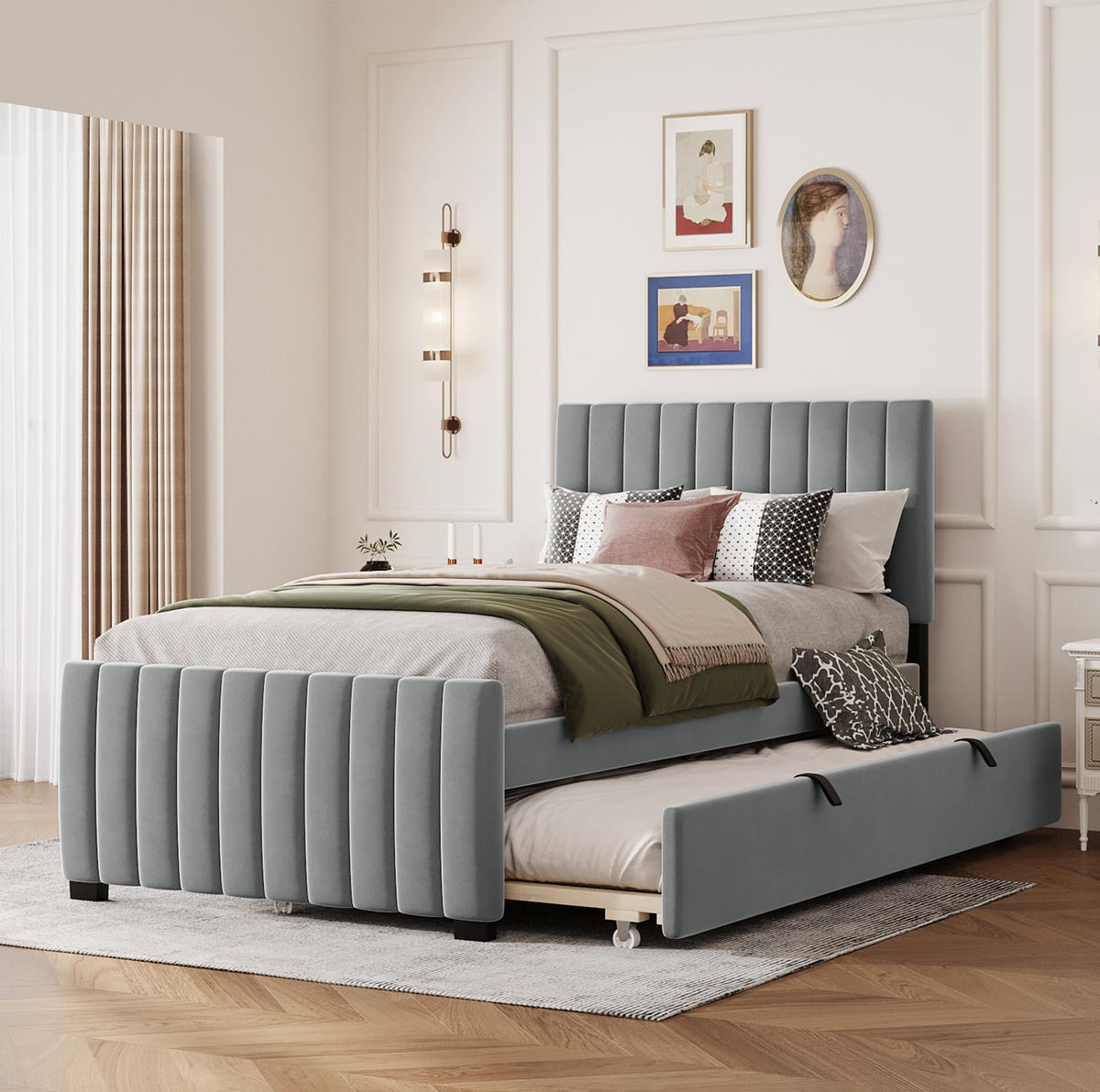 ČALÚNENÁ posteľ 90/190 cm s výsuvným lôžkom, klasické minimalistické prevedenie a zamatový poťah, Sivá - sivá, textil (90/190cm) - Redom