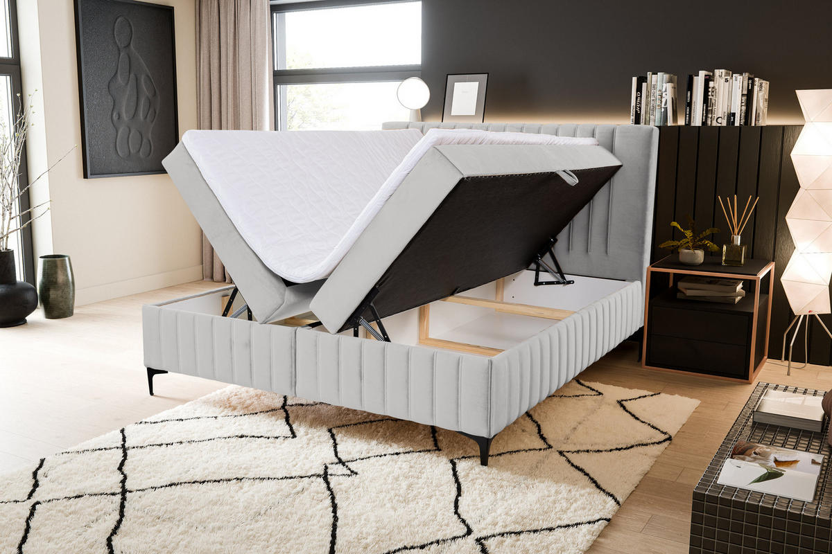 BOXBETT QUANT mit 2 Bettkästen, 160x200, Farbe: Beige, Velourstoff, mit Bonell-Matratze inkl. Topper - Beige, Holz/Kunststoff (160/200cm) - VENASI MÖBEL