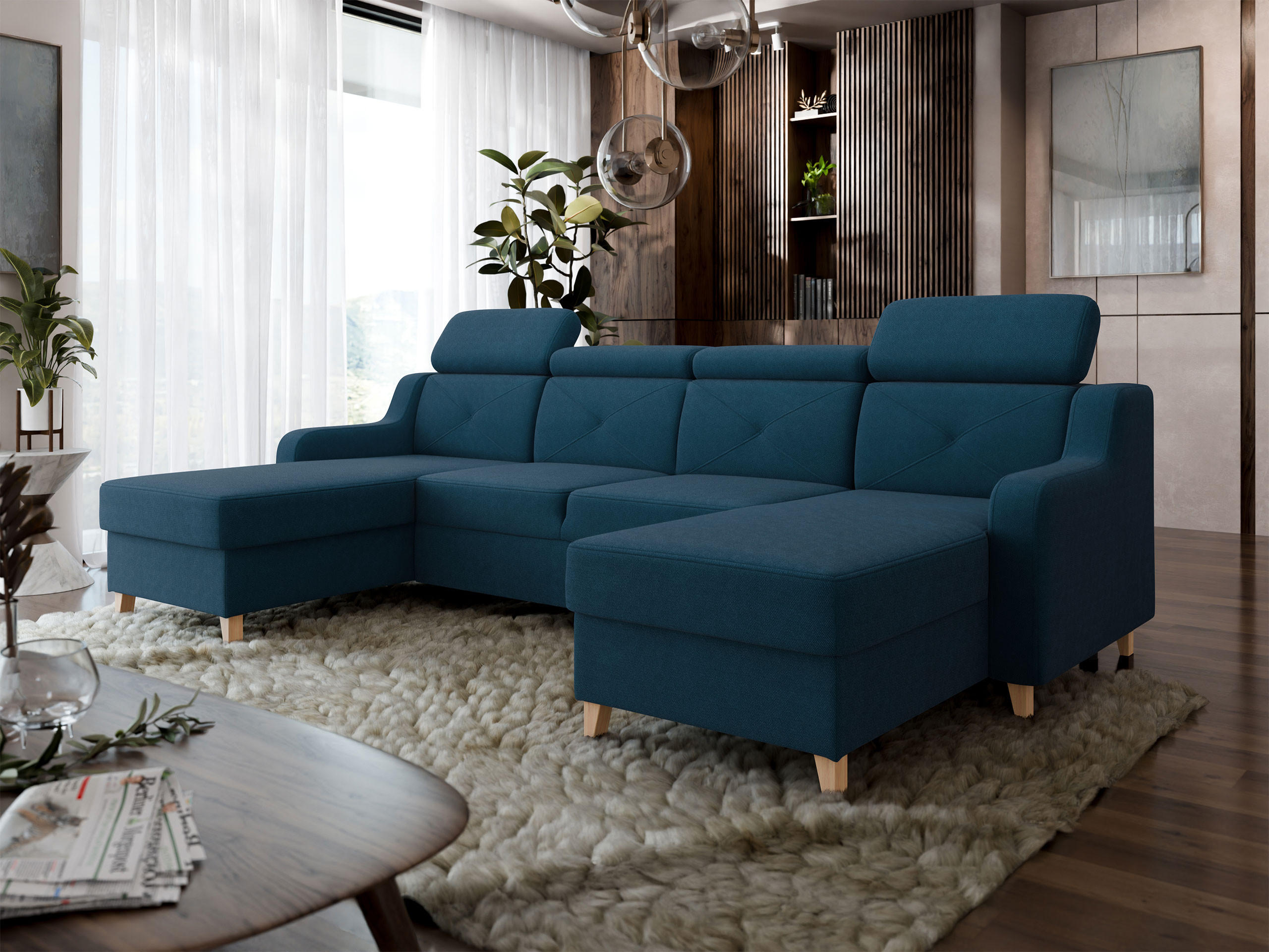 ECKSOFA Marbella U - Blau/Naturfarben, Holz/Textil (286/82/165cm) - MIRJAN24