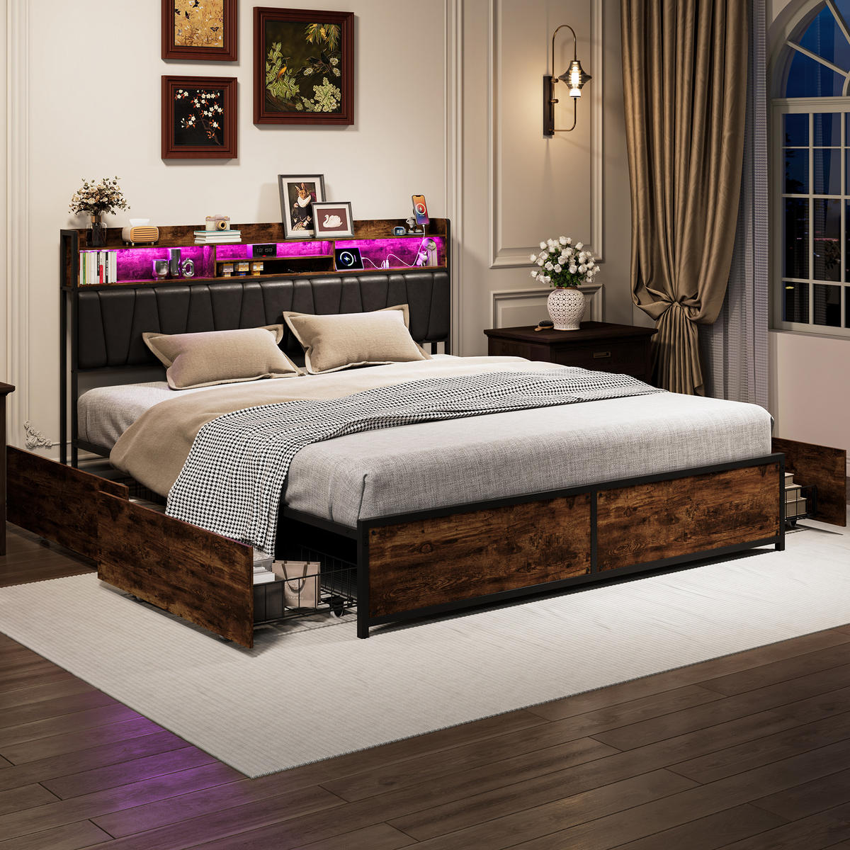 POLSTERBETT 180x200 cm, 4 Stauraumschubladen, LED-Leiste, Doppel-USB, in Braun - Braun, Holz (180/200cm) - BRILVERDE
