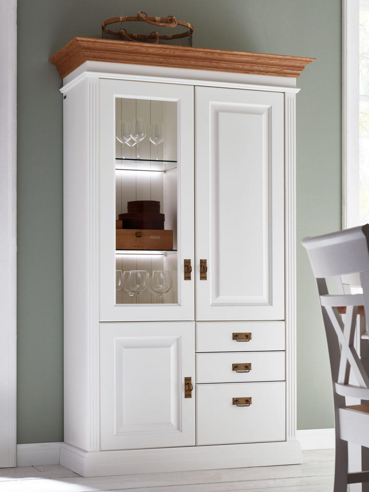 STAND-GLASVITRINE Novara 3-türig - Weiß/Braun, Holz (117/196/45cm) - Casamia Massive Möbel