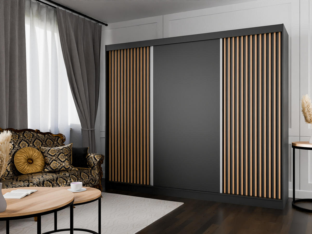 SCHWEBETÜRENSCHRANK Lili 250 cm mit Lamellen 3-türig, schwarz, Lamelle wotan - Eiche Wotan/Schwarz, Kunststoff (250/215/61cm) - Margaret Hadas24