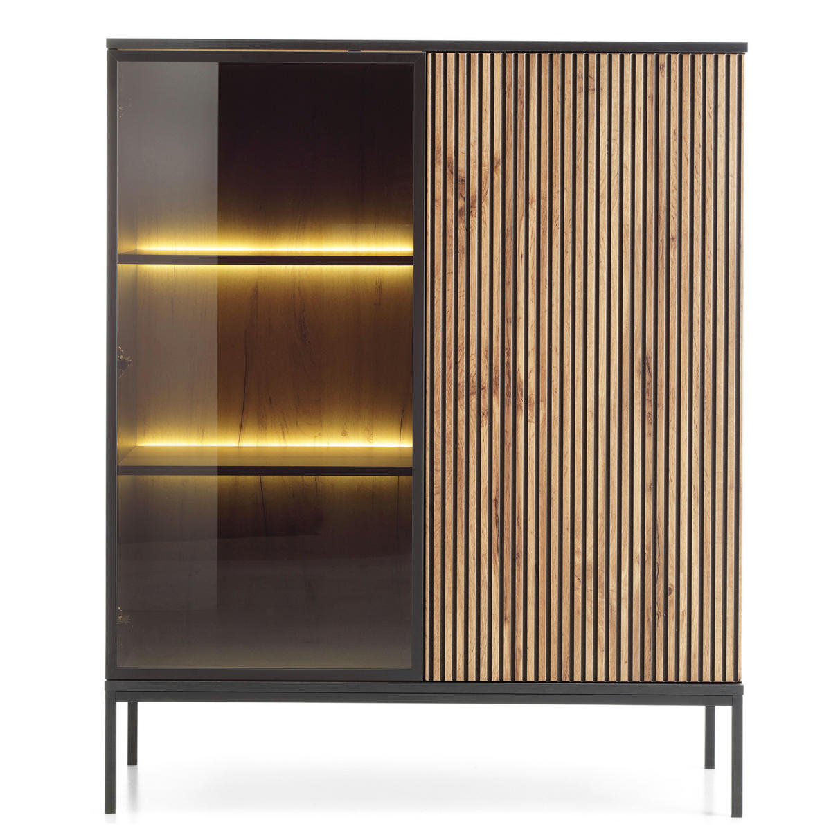 VITRINE Laval WT104 – Wotan-Eiche, Schwarz, mit LED-Beleuchtung - Eichefarben/Eiche Wotan, Glas/Holzwerkstoff (104/126/39cm) - Komodee