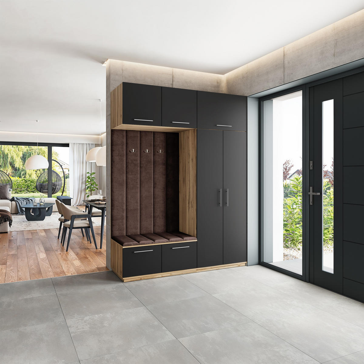 GARDEROBENSCHRANK REMA 180/240/60 cm Modern Garderobe-Set Eiche Wotan - Eiche Wotan/Schwarz, Holzwerkstoff (180/240/60cm) - MASSENO