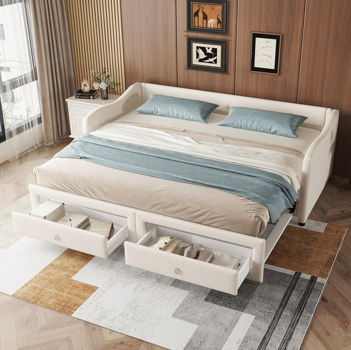 TAGESBETT 90/200 cm in Beige mit Ausziehbett und 2 Schubladen - Beige, Textil (90/200cm) - BEAOK