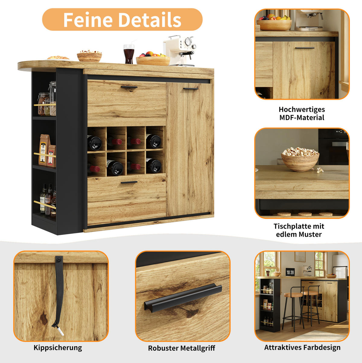 BARTISCH 138-220/39/105 cm in Holzoptik mit Stauraum und ausziehbarer Tischplatte - Naturfarben, Holzwerkstoff (138/39/105cm) - Flora Grace