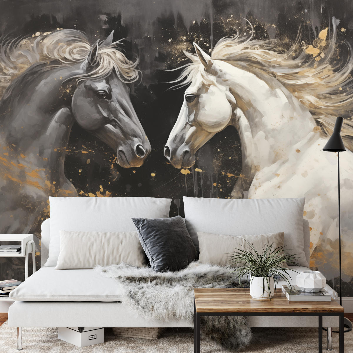 FOTOTAPETE für Büro Schwarz-Weiß Pferd Aquarell Goldakzente Eleganz 450x315 - Beige/Schwarz, Papier (450/315cm) - Muralo