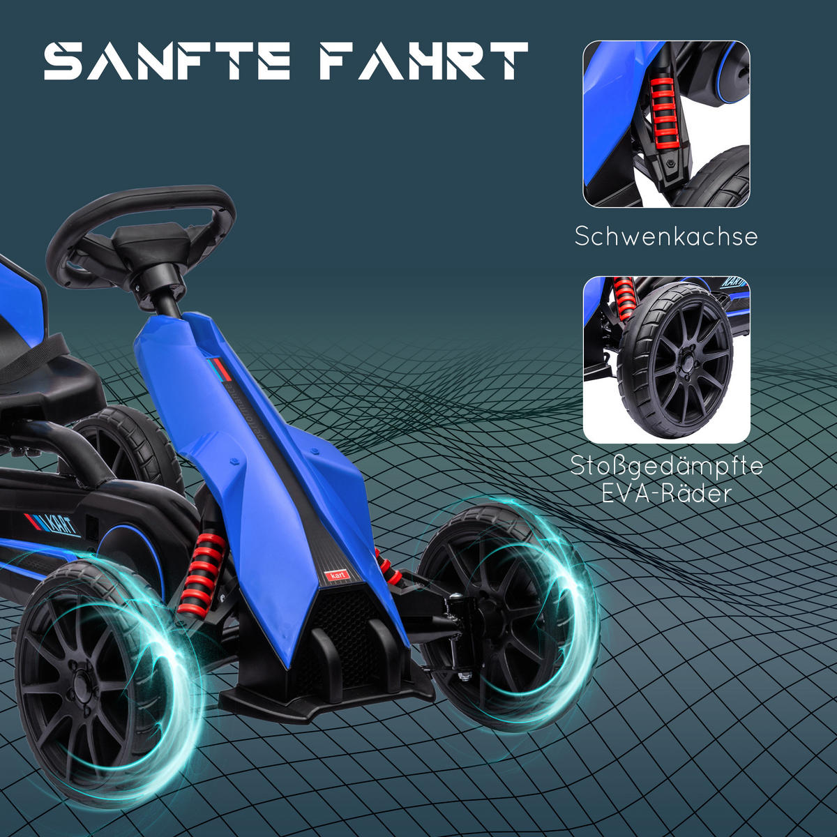 KINDER GO KART TRETAUTO, Blau/Rot, Metall+ Kunststoff - Blau, Metall (100/58/58.5cm) - HOMCOM