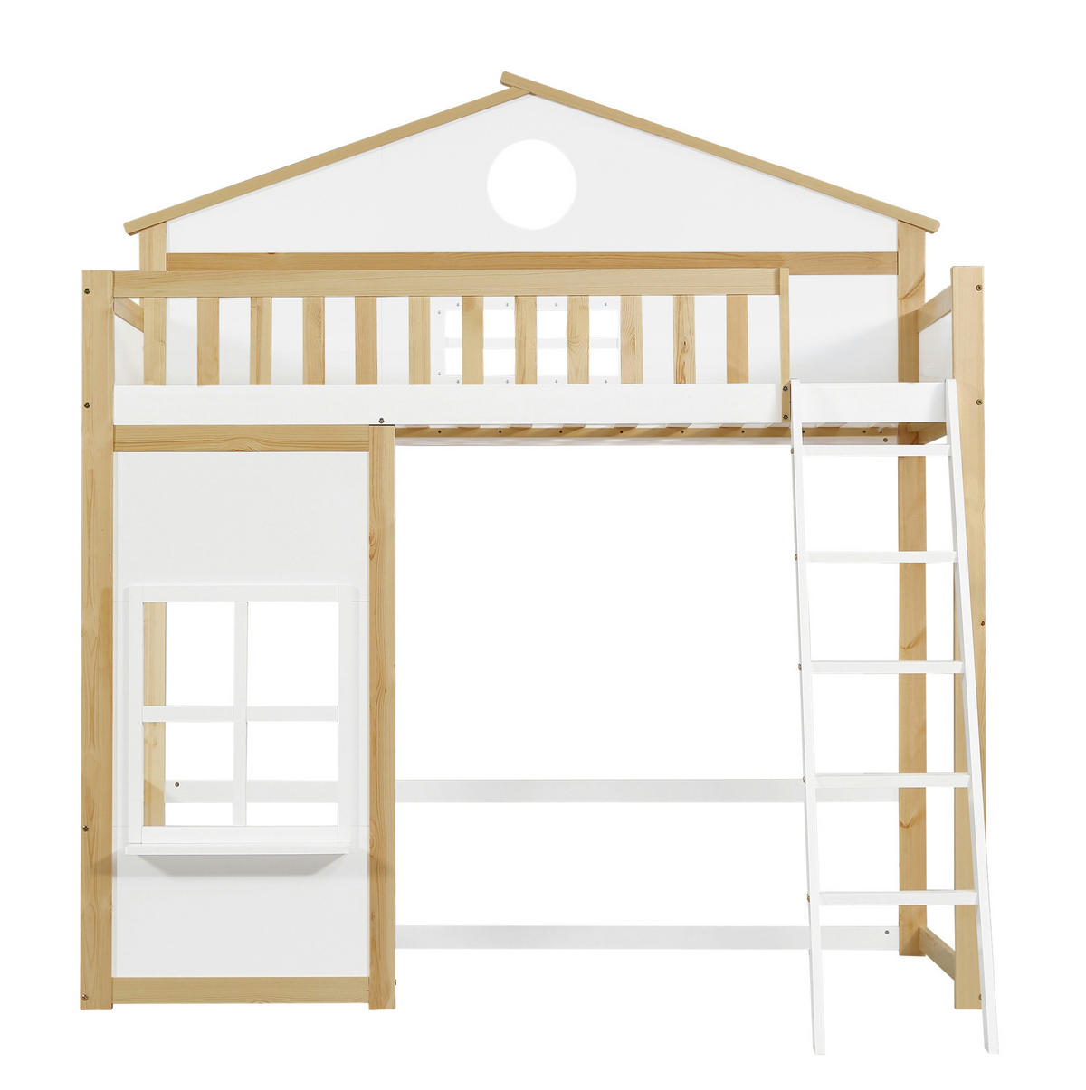 POSCHODOVÁ posteľ 90/200 cm biela/prírodná so schodíkmi, strieškou a okienkami z masívu a MDF - biela, drevo (90/200cm) - OKWISH