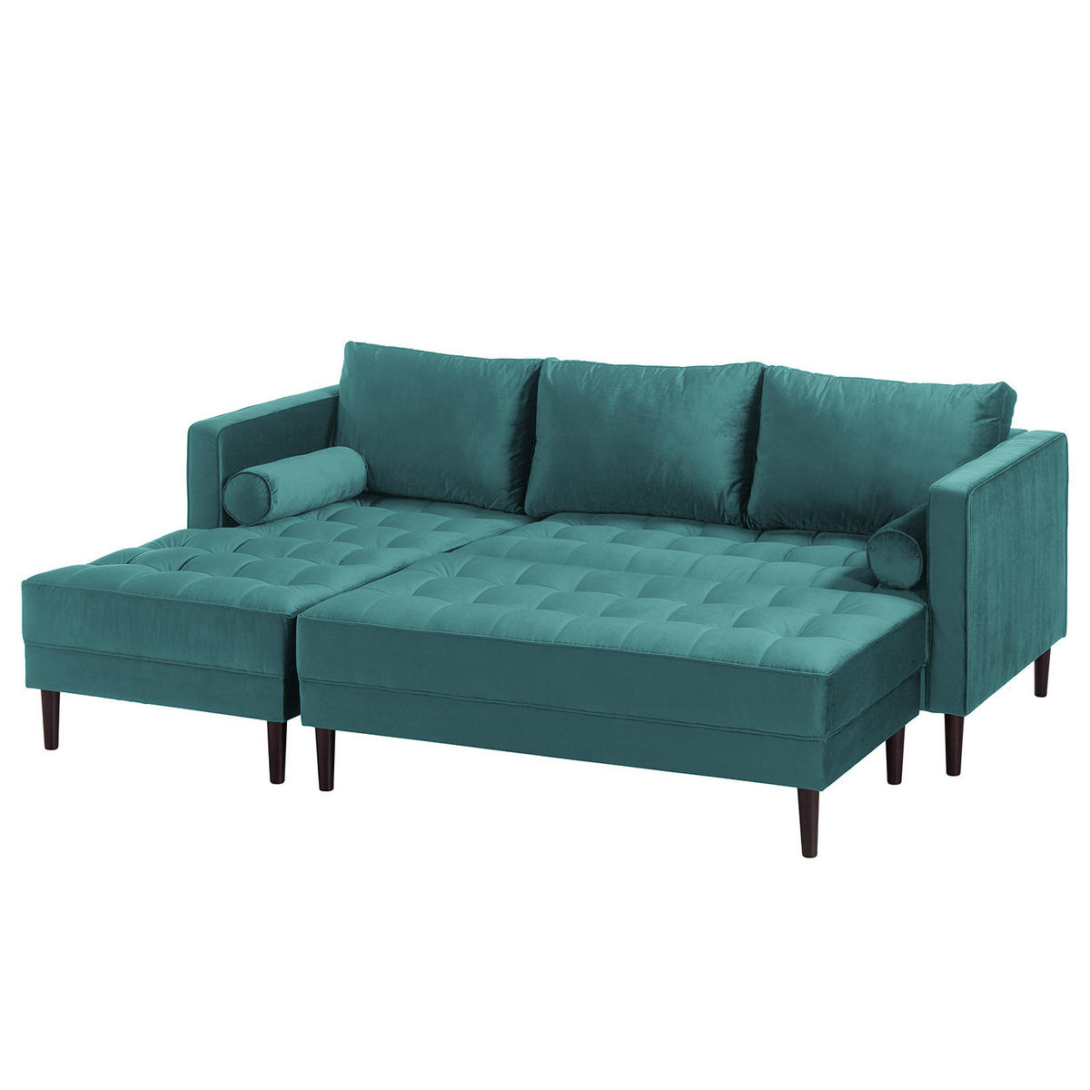 ECKSOFA - Samt - Dunkelbraun/Petrol, Birkenholz/Textil (201/155cm) - home24