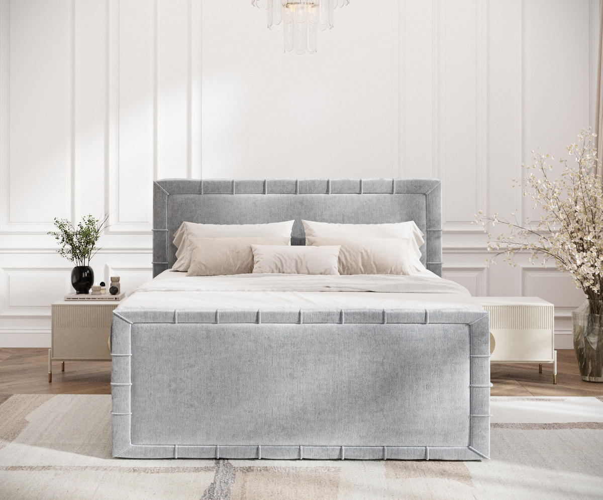 BOXBETT Estelle Hellgrau 180/200 cm im Chenille-Stoff - Hellgrau/Schwarz, Holz/Holzwerkstoff (180/200cm) - Maison de Reve