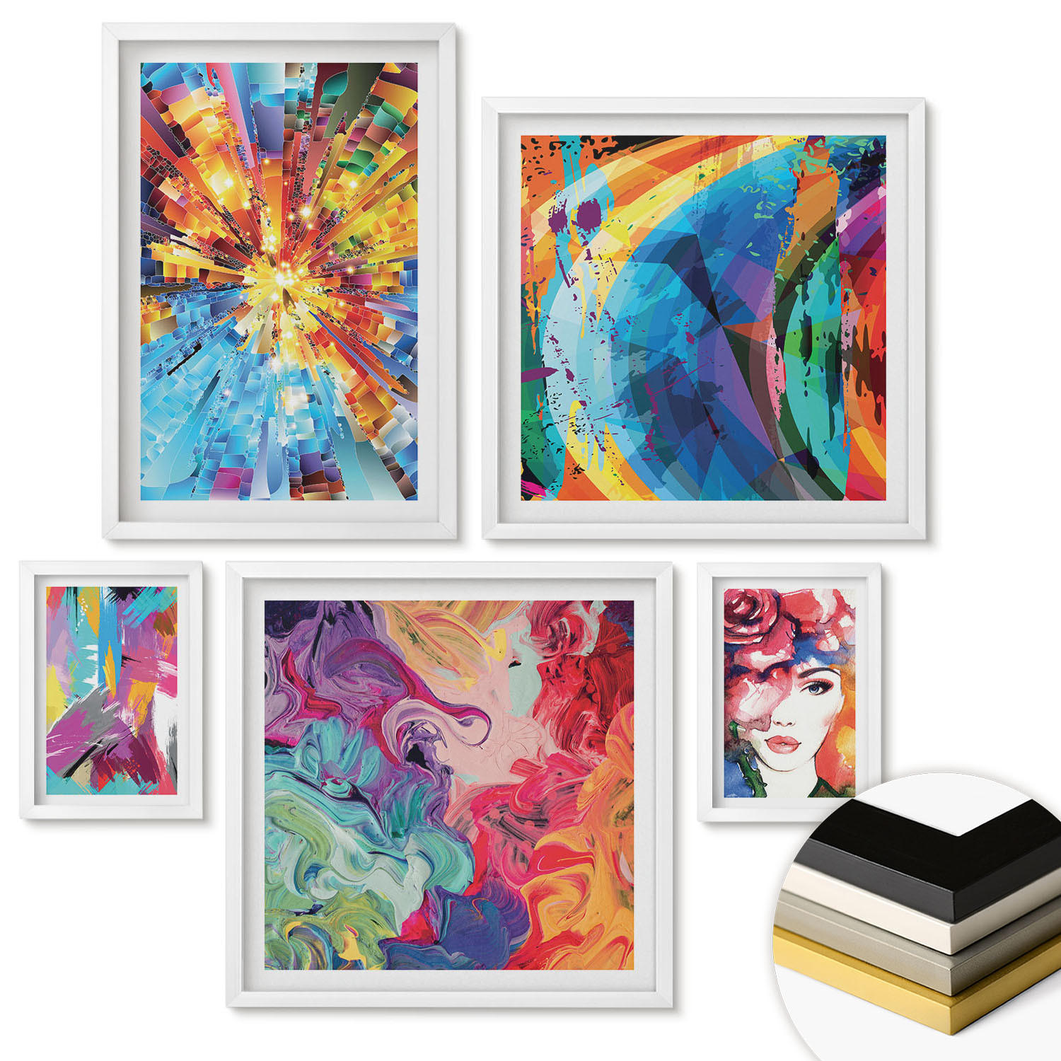 WANDBILDER 5er-Set - 50x50 cm & 20x30 cm & 40x60 cm Weißer Rahmen - Minimalistische Boho-Illustrationen - Weiß, Kunststoff (40/60cm) - ArtPrintCave
