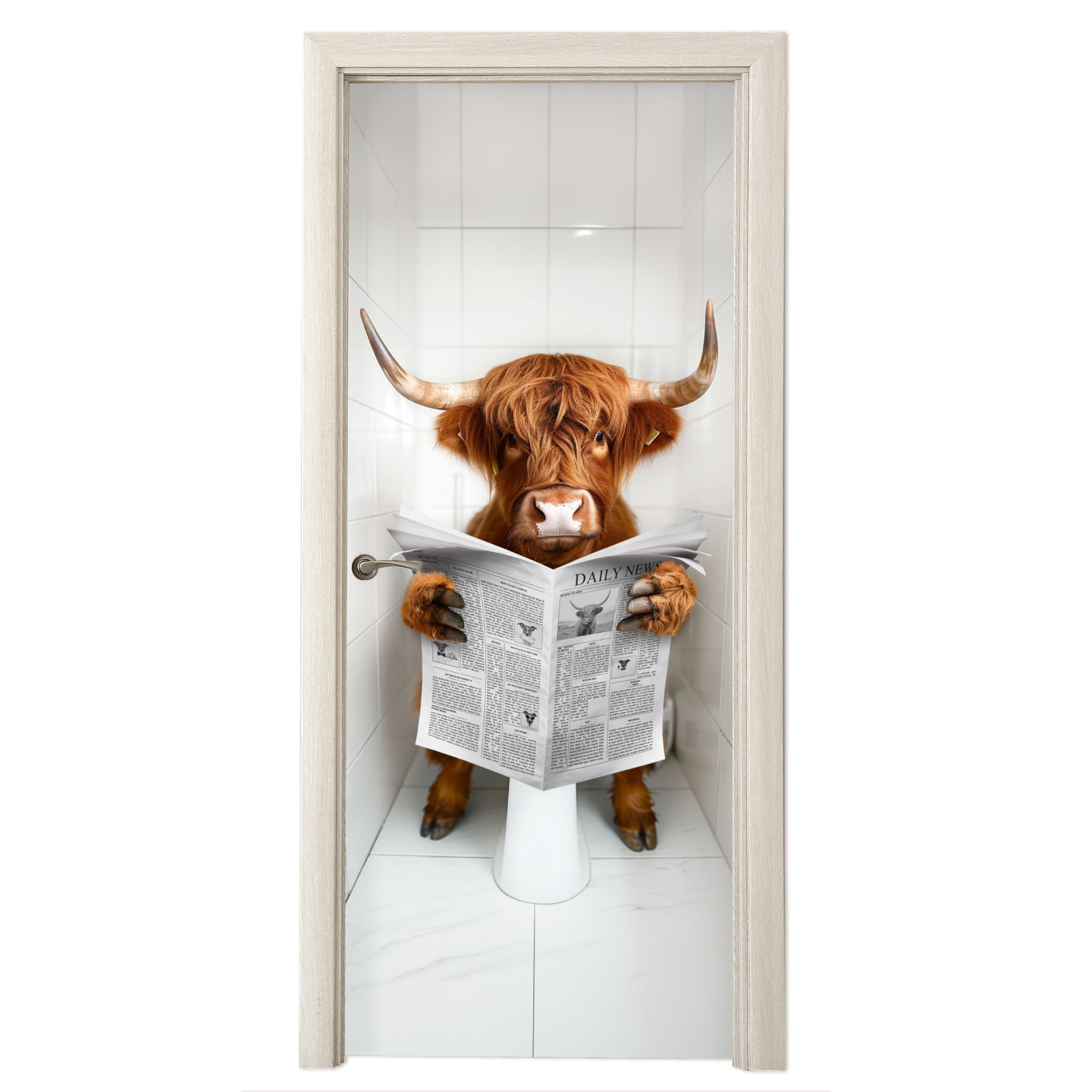 TÜRAUFKLEBER Selbstklebend - Schottisches Hochlandrind - Zeitung - WC - Tier 95x215 cm - Türtapete - Weiß, Kunststoff (95/0.1cm) - MuchoWow
