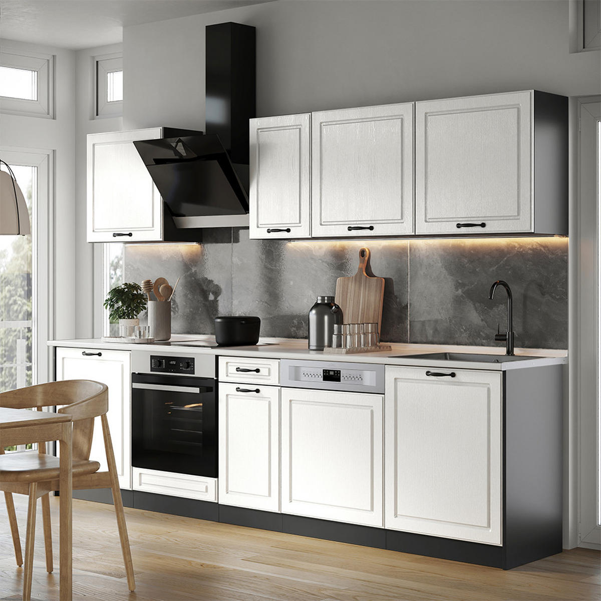 KUCHYNKA R-Line, Biely vidiecky dom/antracitová, 280 cm antrasiitti työtaso - biela/antracitová, kompozitné drevo (280/206.8/60cm) - Vicco