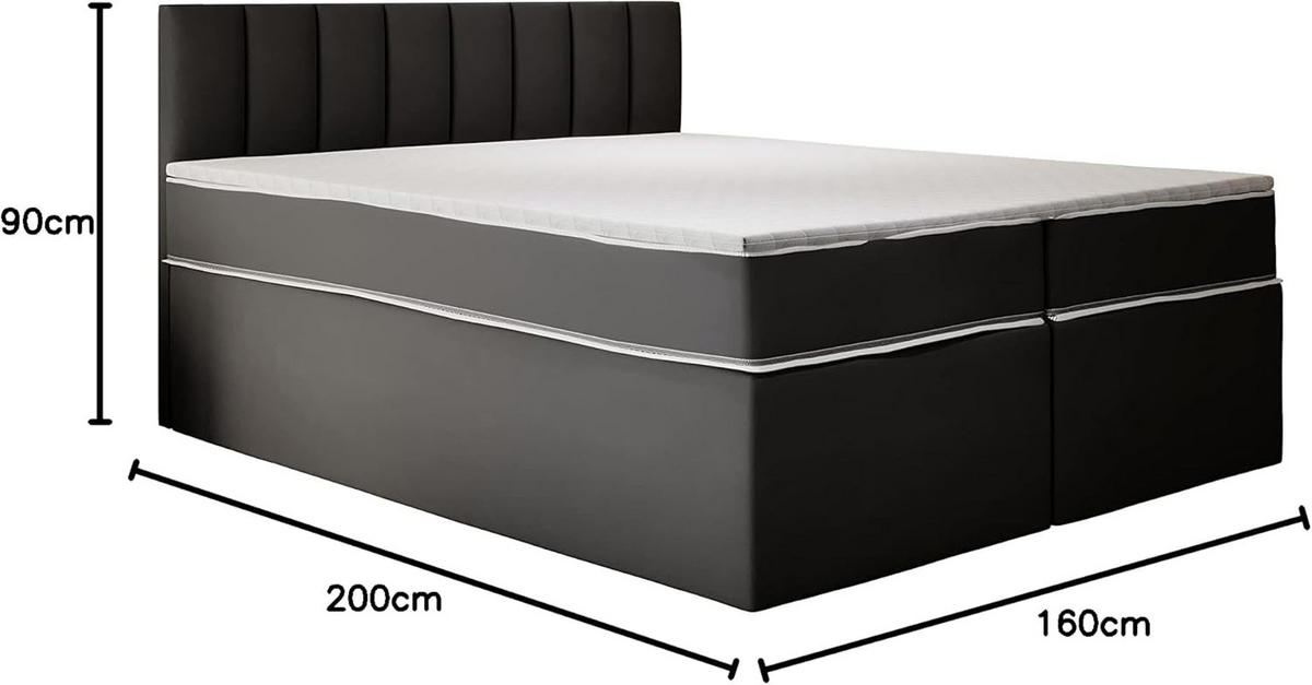 KONTINENTALBETT 160x200 cm mit Taschenmatratze, MIAMI, Visco Topper 5 cm, Schwarz - Schwarz, Kunststoff (160/200cm) - Trada