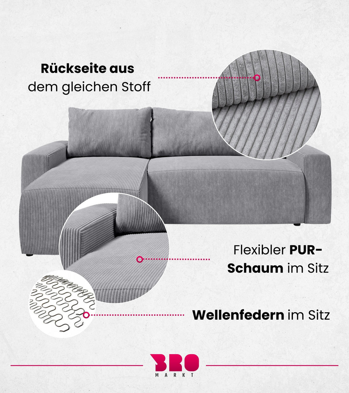 ECKSOFA PLUSH mit Schlaffunktion Grau Cord - Grau, Textil (240/145cm) - Bromarkt