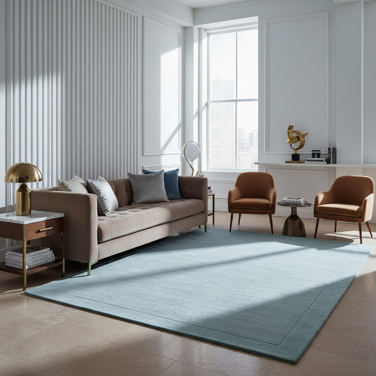 TEPPICH Schurwolle handgewebt mit Bordüre modern STOW, Hellblaugrün 160x230 cm - Blau, Textil (160/230cm) - KADIMA DESIGN