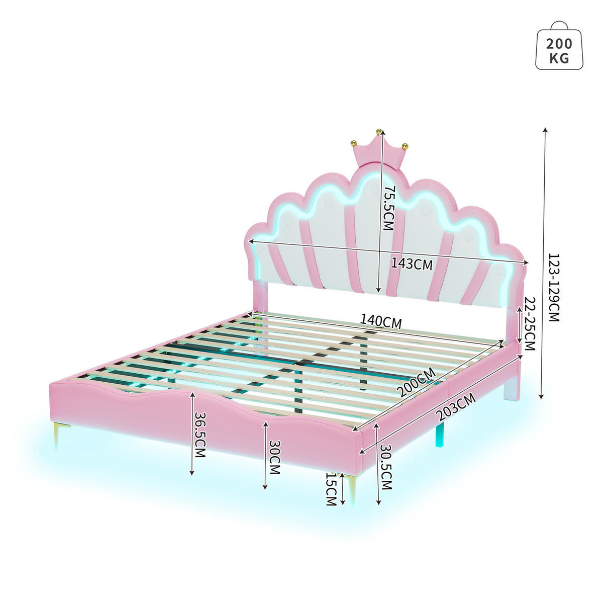 KINDERBETT Polsterbett 140/200 cm aus PU-Kunstleder mit LED-Beleuchtung Rosa - Rosa, Kunststoff (140/200cm) - Modenvie