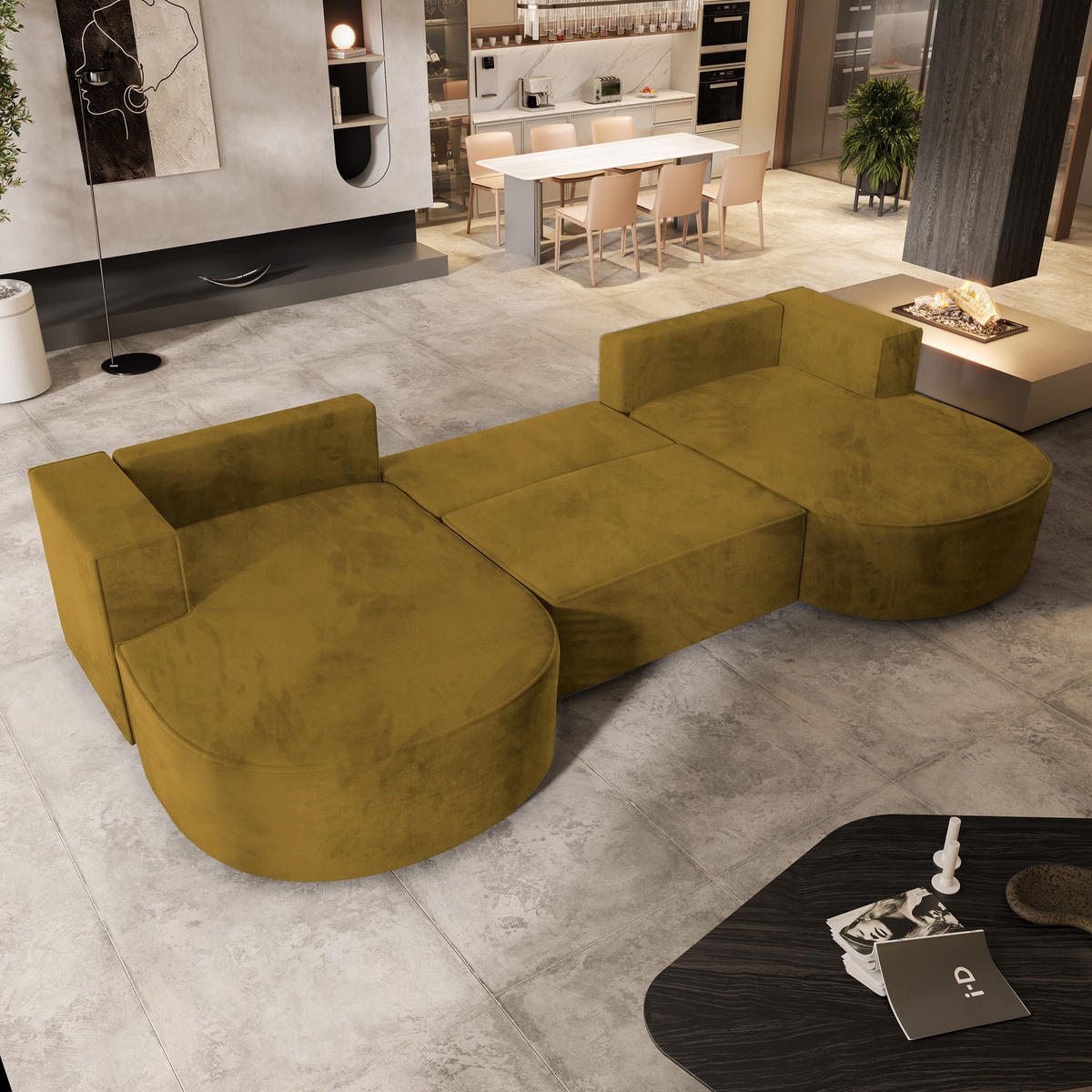 WOHNLANDSCHAFT VEZZO M Gelb Velours-Stoff mit Schlaffunktion - Gelb, Holz (347/85/174cm) - MASSENO