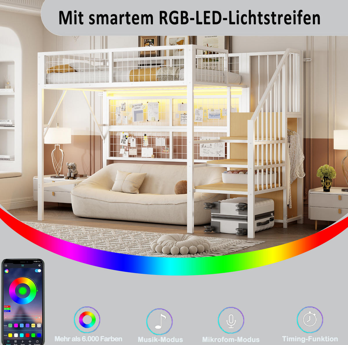 HOCHBETT 90/200 cm mit LED-Beleuchtung, Treppe mit Stauraum und Kleiderschrank, Metall, Weiß/Schwarz - Weiß, Metall (90/200cm) - Redom