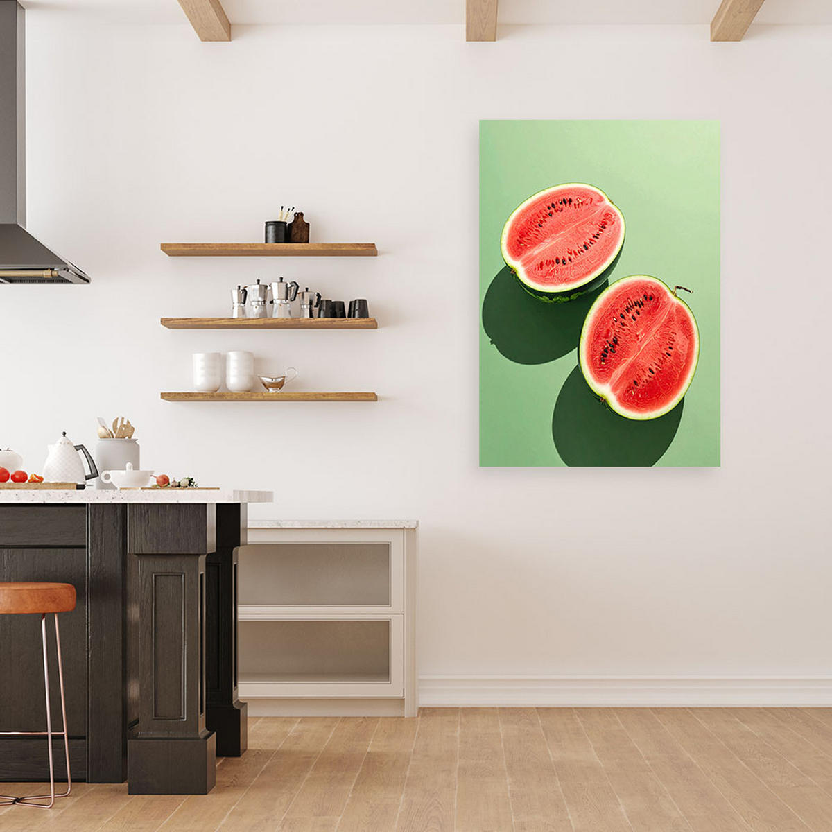 LEINWANDBILD, Saftige Wassermelonenhälften auf pastellgrünem Hintergrund - Grün, Textil (20/30cm) - Feeby