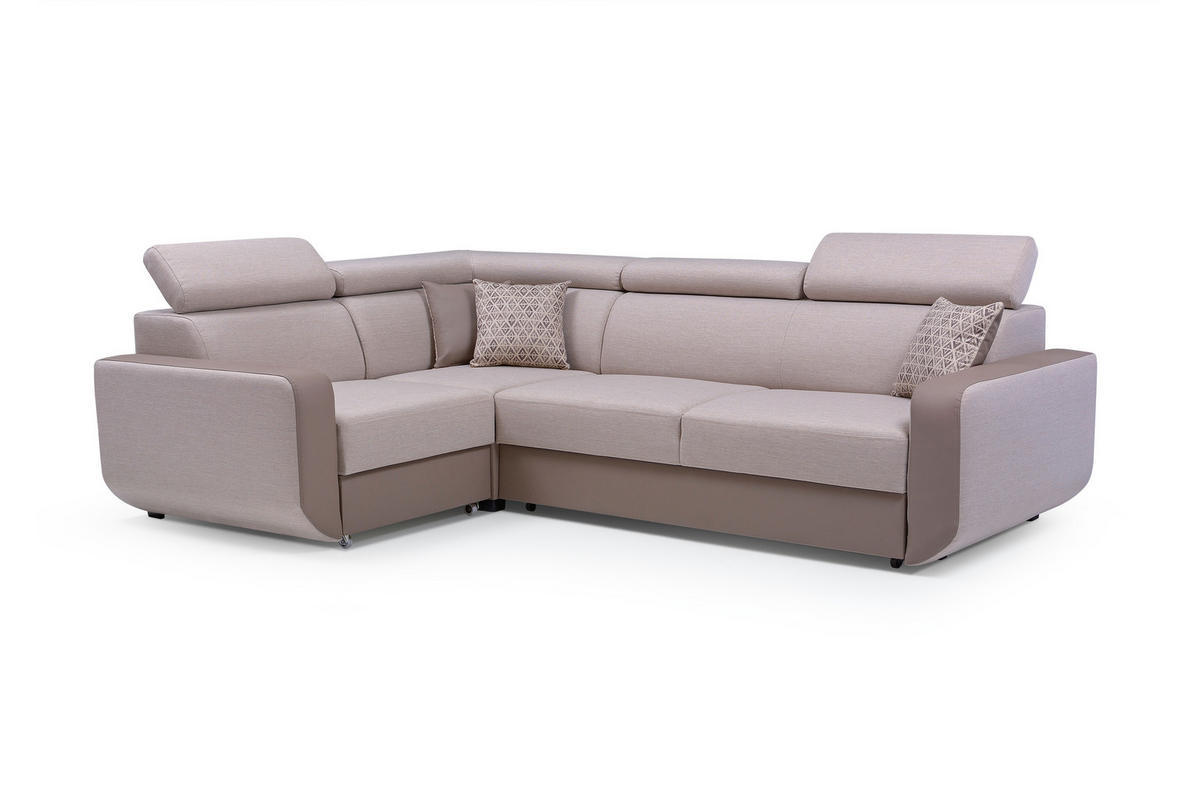 ECKSOFA MIRA Beige Geflochtener Stoff mit Schlaffunktion - Beige, Holz (263/184cm) - MASSENO