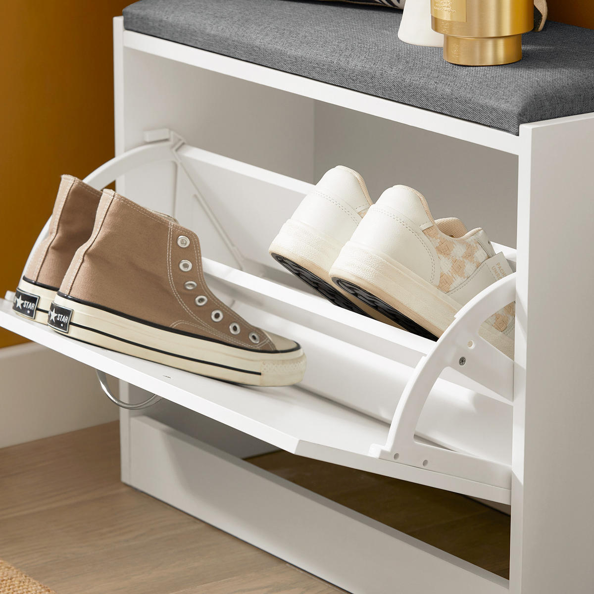 SCHUHBANK Weiß - Weiß/Grau, Holzwerkstoff (60/47/24cm) - SoBuy