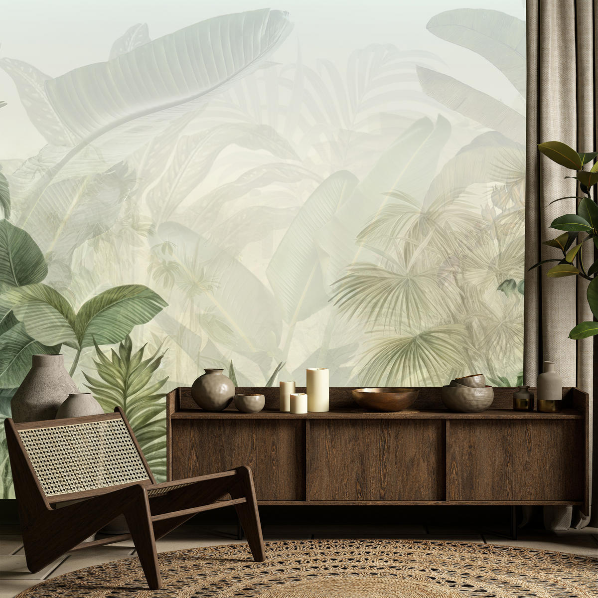 FOTOTAPETE für Schlafzimmer Tropenpflanzen Nebel Palmen Blätter 100x70 - Weiß/Grau, Papier (100/70cm) - Muralo