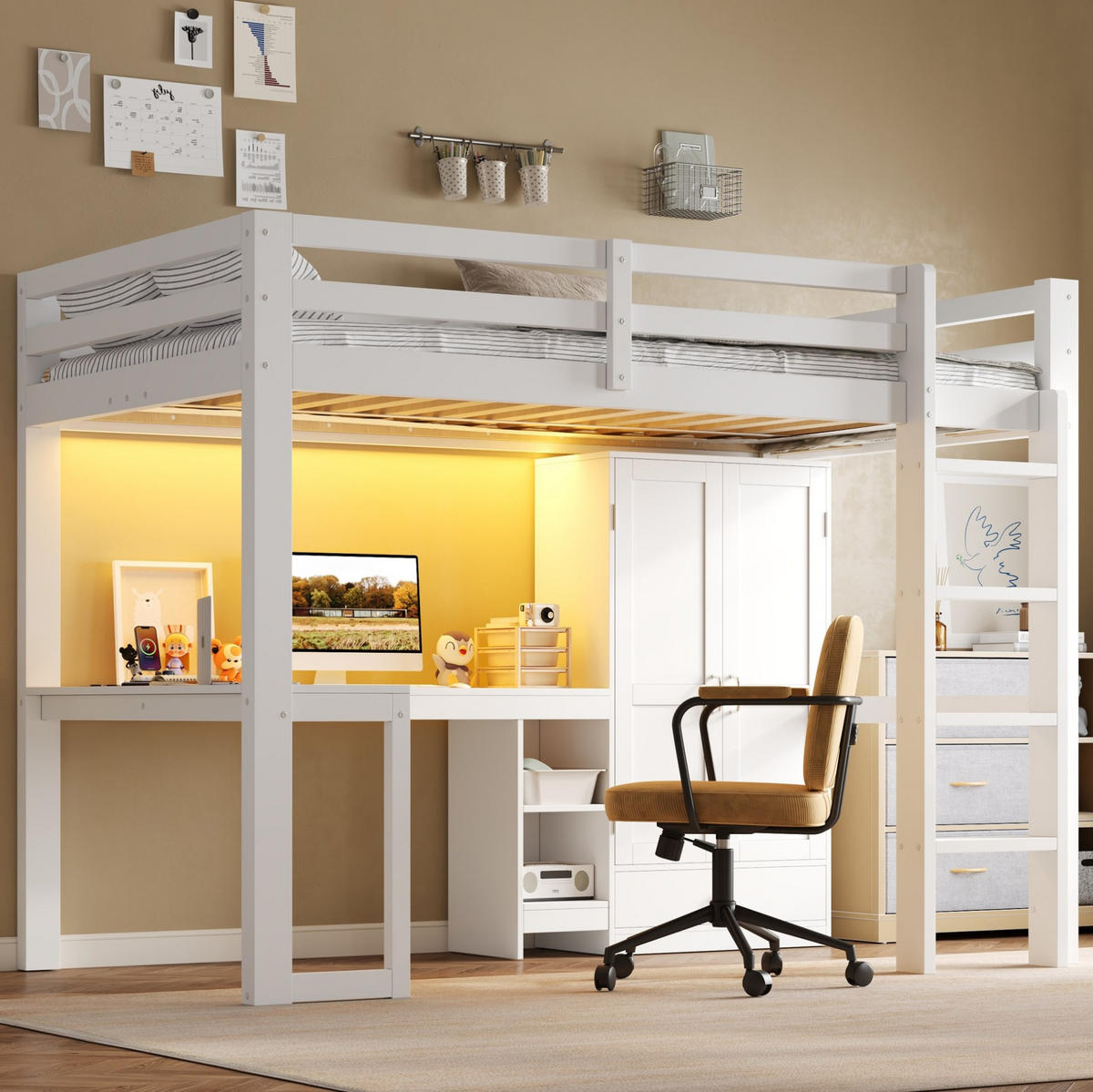 HOCHBETT aus Kiefernholz und MDF 90x200 cm Weiß mit Schreibtisch, Kleiderschrank, USB und LED-Beleuchtung - Weiß, Holzwerkstoff (90/200cm) - Modfu