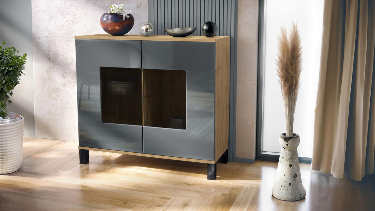 KOMMODE Grömitz Grau Hochglanz - Grau, Holzwerkstoff (92.5/84.5/35cm) - Vladon