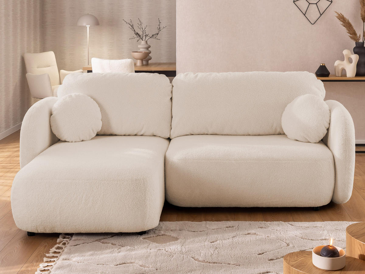ECKSOFA Candy mit Schlaffunktion Hellbeige Bouclé-Stoff - Ottomane links - Beige/Schwarz, Holz/Kunststoff (230/146cm) - S-Style Möbel