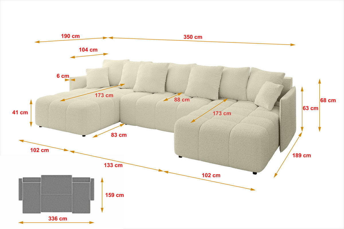 WOHNLANDSCHAFT LONLI-U 355x189x68 Beige Bouclé - Hellbraun/Creme, Holzwerkstoff/Kunststoff (350/68/190cm) - ALTDECOR