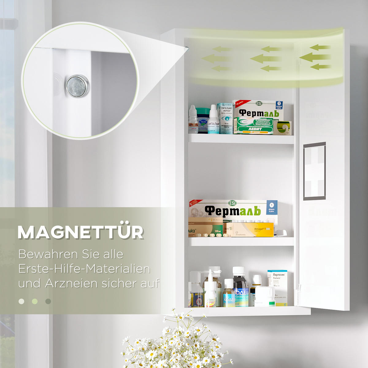 MEDIZINSCHRANK, Erste Hilfe , mit 3 Innenfächern, Magnetverschluss, Stahl, Weiß - Weiß, Metall (12/60/30cm) - Kleankin