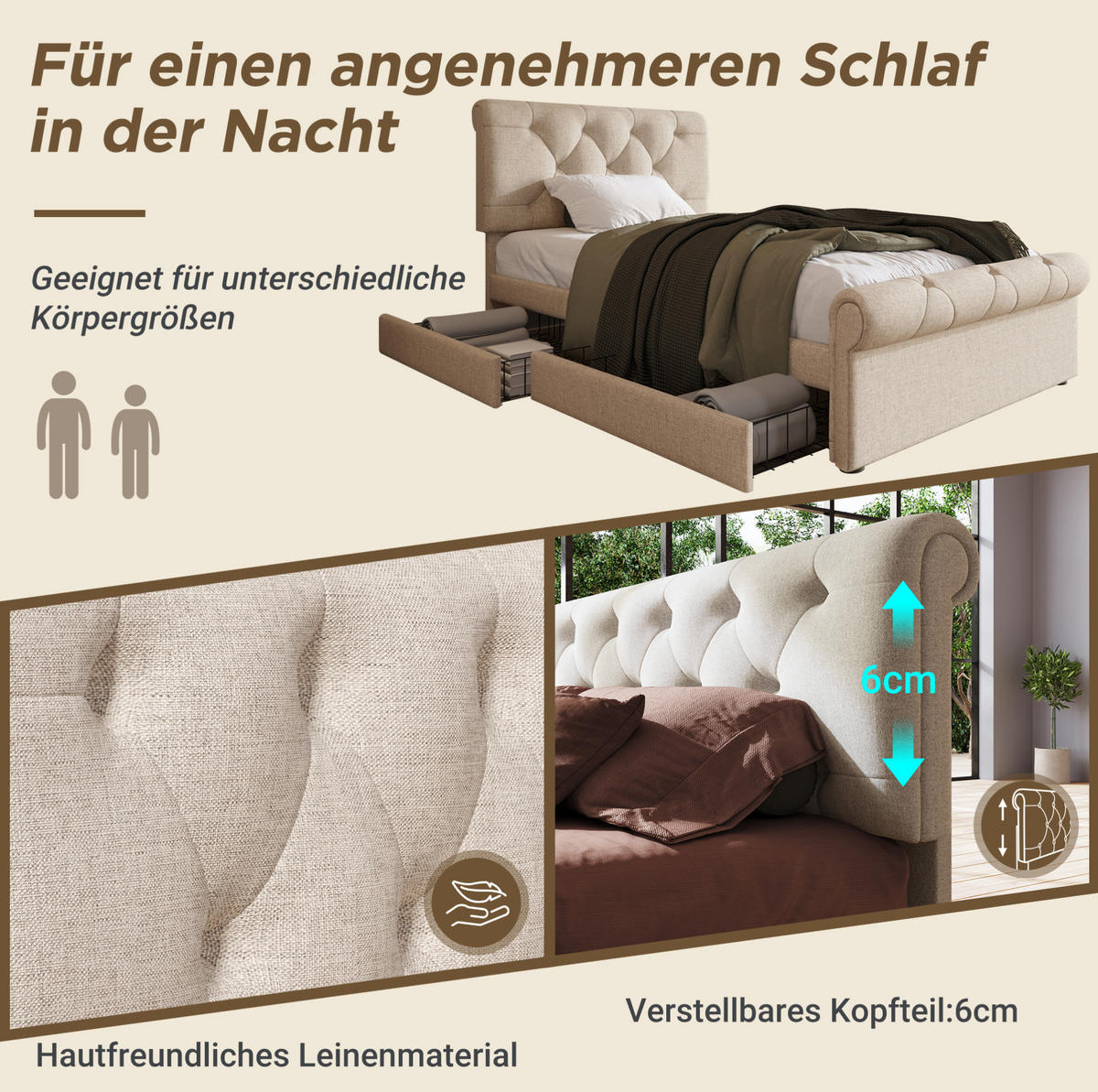 POLSTERBETT 90/200 cm Natur aus Massivholz mit 2 Schubladen - Naturfarben, Metall (90/200cm) - OKMYHOME