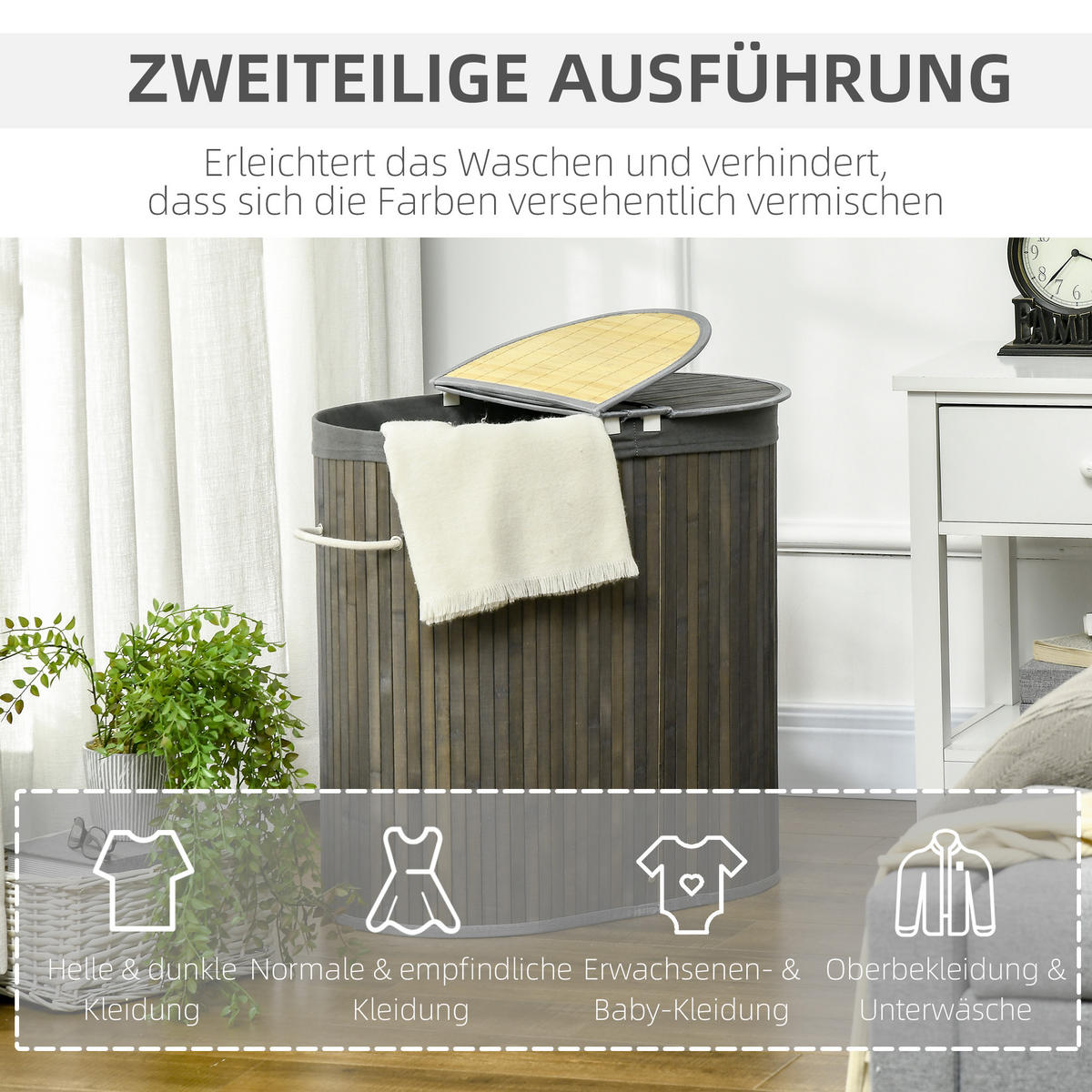 WÄSCHEKORB mit Deckel 100L, Bambus, Grau - Grau, Naturmaterialen (62.5/60.5/37cm) - HOMCOM