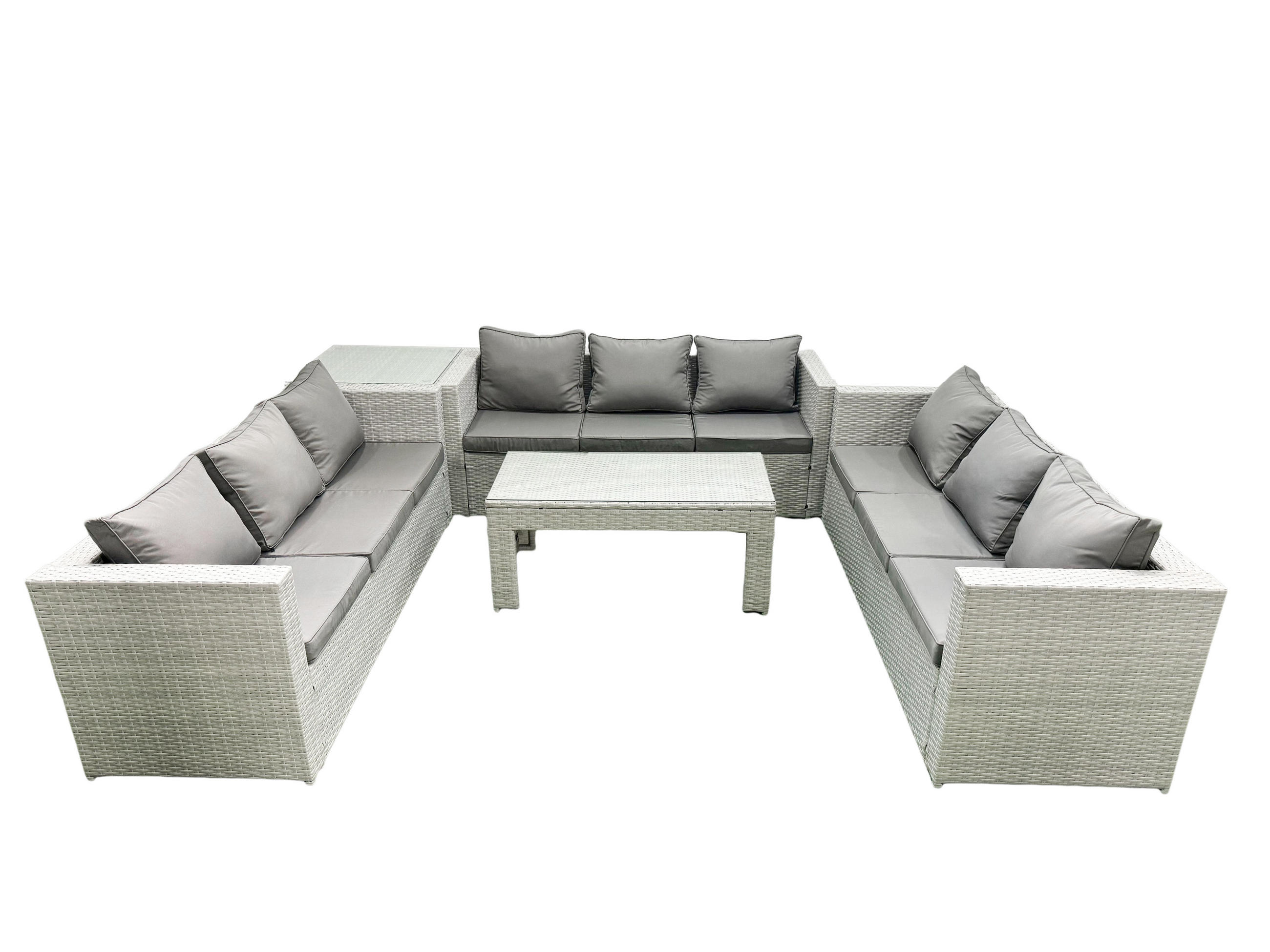 BALKONMÖBEL-SET Polyrattan Hellgrau-Mix 9-teilig - Hellgrau/Grau, Glas/Kunststoff - Fimous