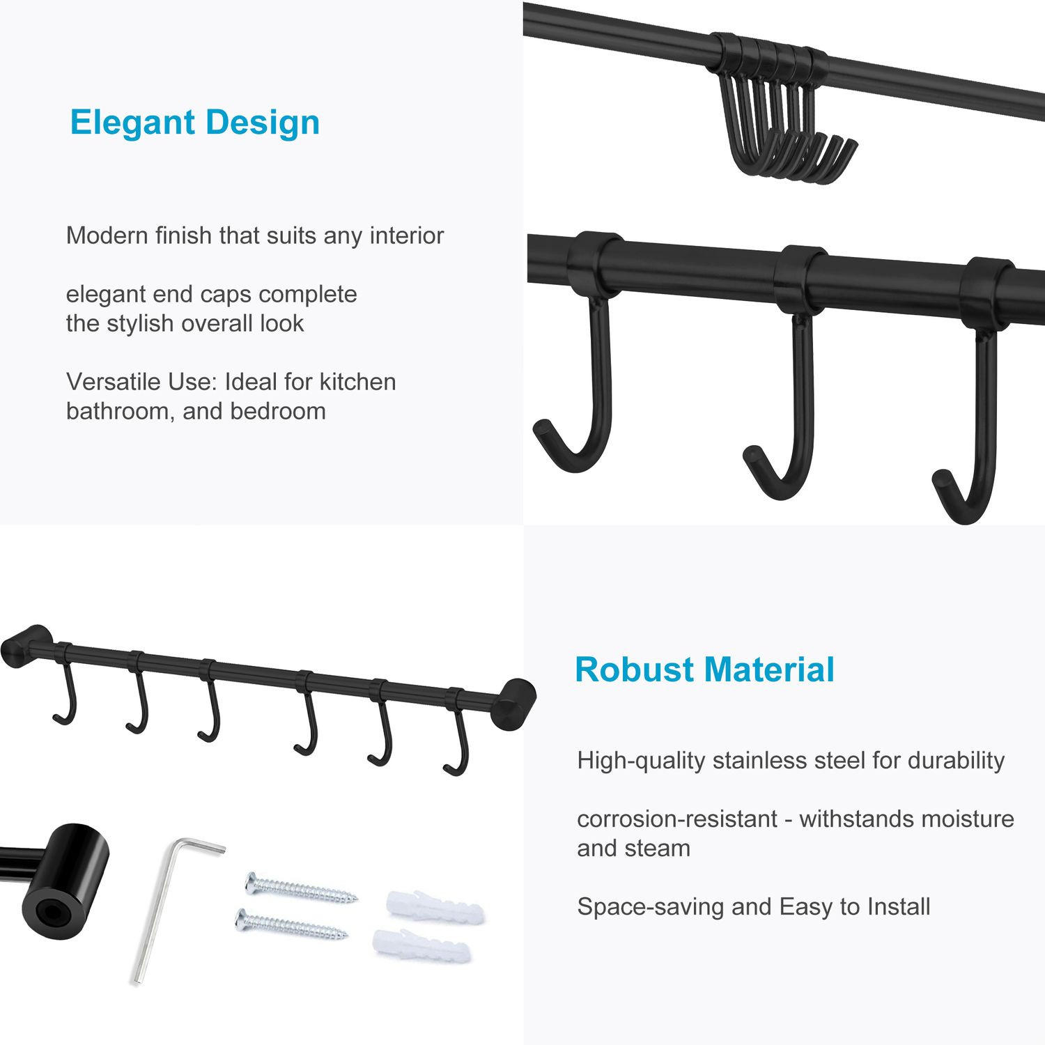 HÄNGELEISTE Küche Edelstahl mit 6 beweglichen Haken 35.8/3.4/2.2 cm - Schwarz, Metall (3.4/2.2/35.8cm) - Intirilife