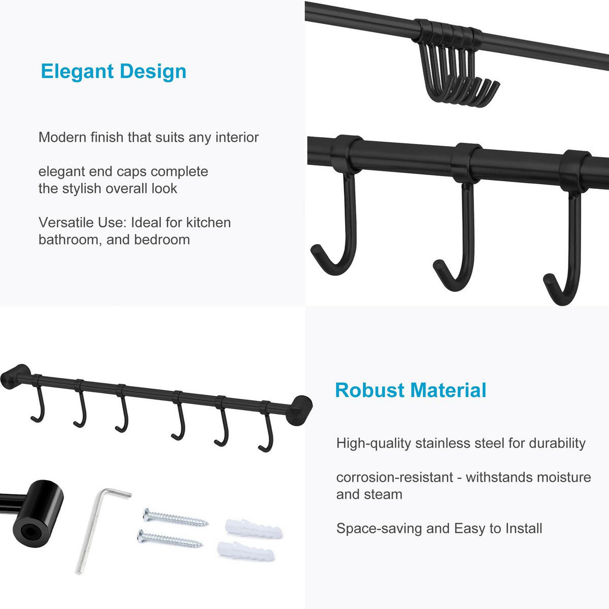KÜCHEN HAKENLEISTE mit 7 Haken - Schwarz, Metall (3.4/2.2/35.8cm) - Intirilife