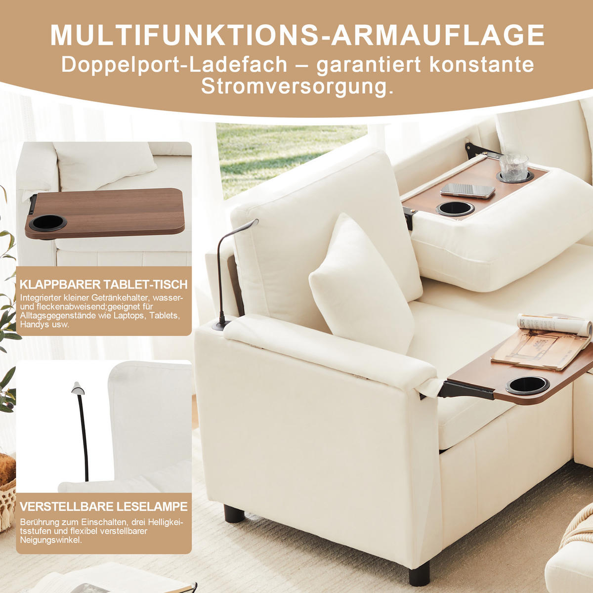 ECKSOFA Chenille mit Schlaffunktion, Hocker und USB-Anschluss 205/205/85 cm Beige - Beige, Textil (205/205cm) - Redom