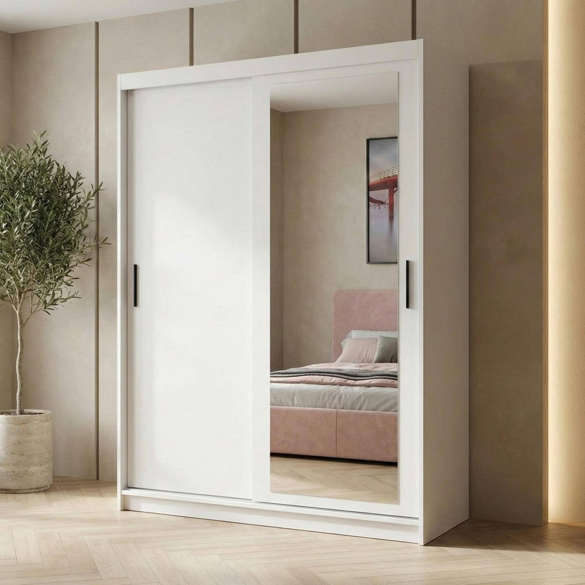 SCHWEBETÜRENSCHRANK Hela 120/205/60 2-türig weiß mit Schubladen - Weiß, Holzwerkstoff (120/205/60cm) - Beautysofa