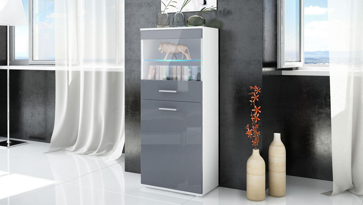 VITRINE Almada Front in Grau Hochglanz - Grau, Holzwerkstoff (53/125/30cm) - Vladon